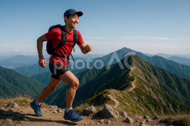 ピークを越えて次の山へ向かうランナー トレラン,トレイルランニング,山の写真素材