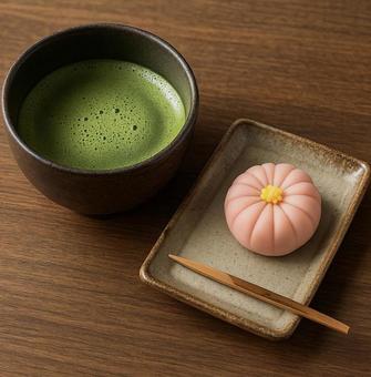 抹茶と練り切りの和菓子(AI生成素材) 抹茶と練り切りの和菓子(AI生成素材)の写真