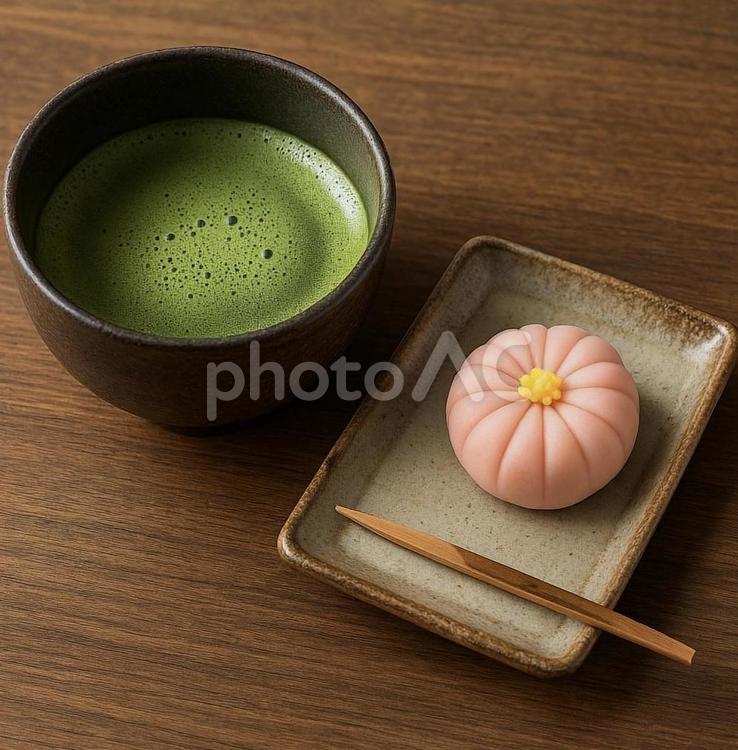 抹茶と練り切りの和菓子（AI生成素材） 抹茶,和菓子,練り切りの写真素材