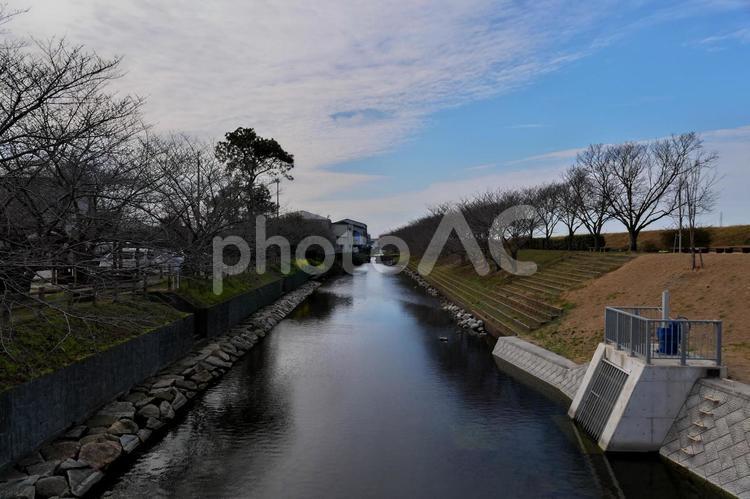 土手に囲まれた運河のような泉 川,水,橋の写真素材