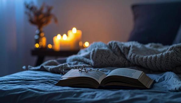 夜の読書・おしゃれなベッドルームの写真