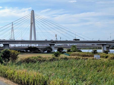 多摩川沿いの景色 多摩川,夏,川の写真素材