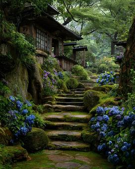 新緑と苔に包まれた、静寂な日本庭園の風景 新緑と苔に包まれた、静寂な日本庭園の風景の写真