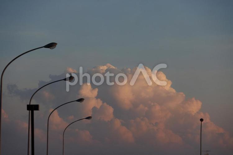 夕暮れの街灯と入道雲 入道雲,夕焼け,空の写真素材