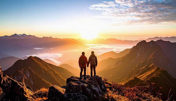 山から朝日を眺める日本人カップル 山から朝日を眺める日本人カップルの写真