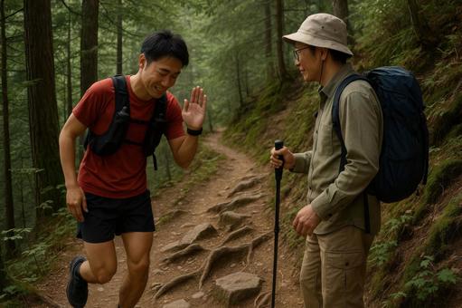 登山道で他の登山者とすれ違うランナー 登山道で他の登山者とすれ違うランナーの写真