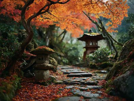 鮮やかな紅葉に包まれた日本庭園の石畳の道 鮮やかな紅葉に包まれた日本庭園の石畳の道の写真
