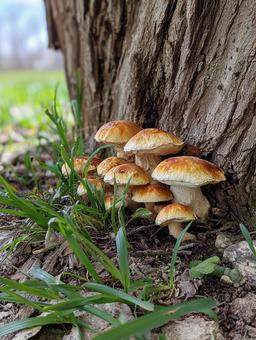 森の木肌に群生するきのこ素材の写真