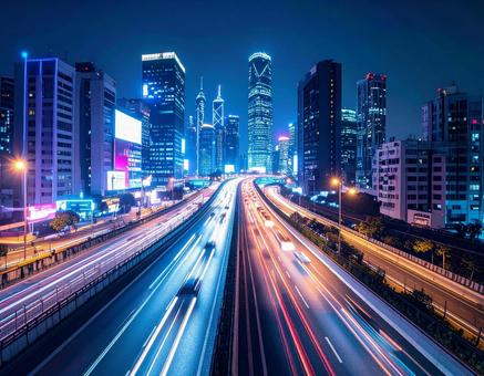 ネオン輝くサイバーパンク風スマートシティ ネオン輝くサイバーパンク風スマートシティの写真