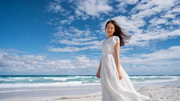 夏の青空と海と白い服の女性 夏の青空と海と白い服の女性の写真