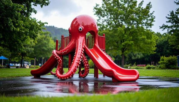 雨上がりのちょっと怖いタコの滑り台Aの写真