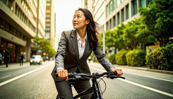 ロードバイクでサイクリングする女性の写真
