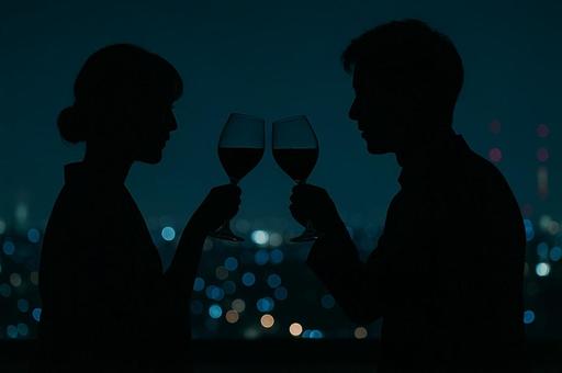 夜景を楽しむカップルの乾杯 夜景を楽しむカップルの乾杯の写真