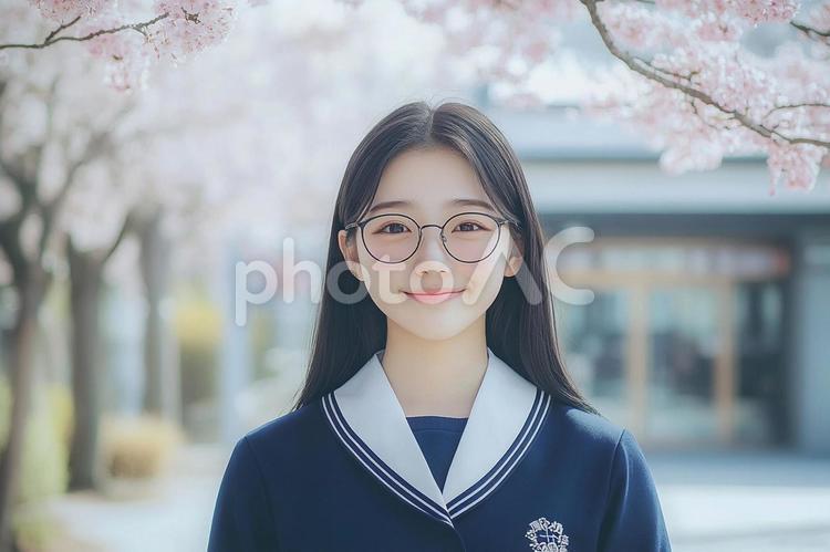 桜の下記念撮影する新入生　入学式イメージ 入学,女子,生徒の写真素材