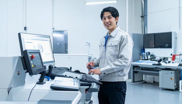 工場の三次元測定機を使う作業服の男性 工場の三次元測定機を使う作業服の男性の写真