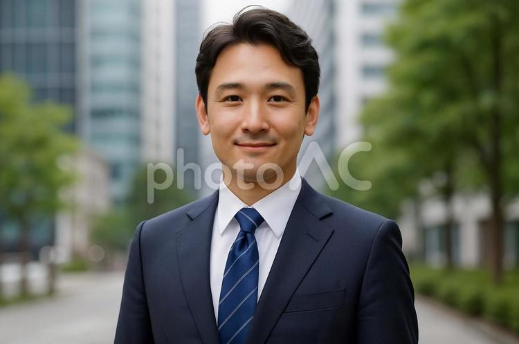 ビジネス街に立つ笑顔の男性 男性,笑顔,スーツの写真素材