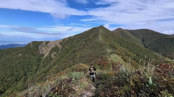 紅葉の登山道を歩く登山者 登山,縦走,登山者の写真素材