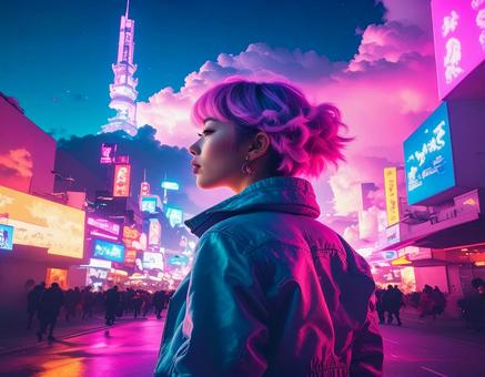 サイバーパンクな都市に佇む女性 サイバーパンクな都市に佇む女性の写真