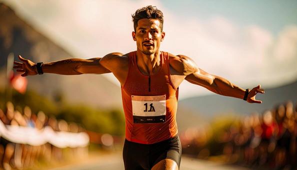 トライアスロン ゴールテープを切る選手 トライアスロン ゴールテープを切る選手の写真