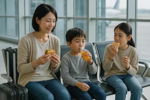 空港のベンチで軽食を取る日本人親子 空港のベンチで軽食を取る日本人親子の写真