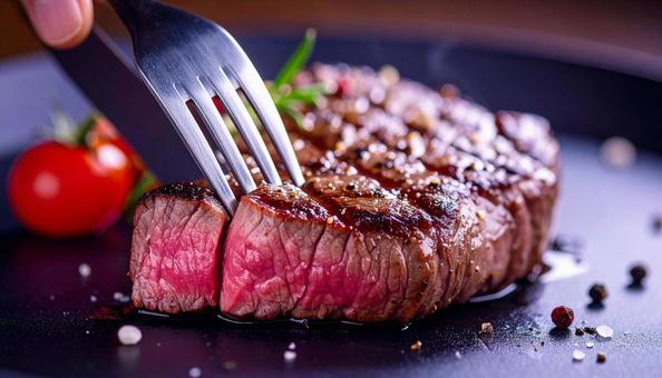 鉄板焼きのステーキをナイフで切る 鉄板焼きのステーキをナイフで切るの写真