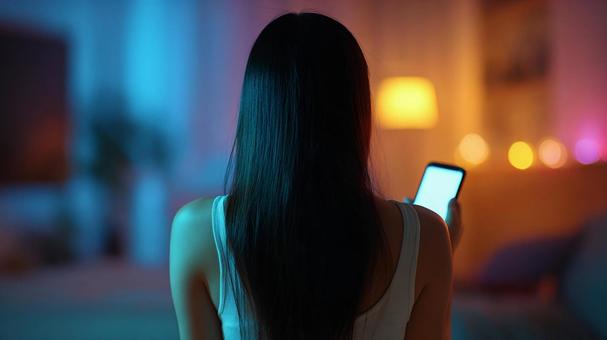 夜の空間で携帯電話を操作する女性の背中の写真