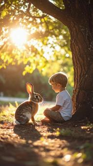 木陰でうさぎと向き合う男の子の写真
