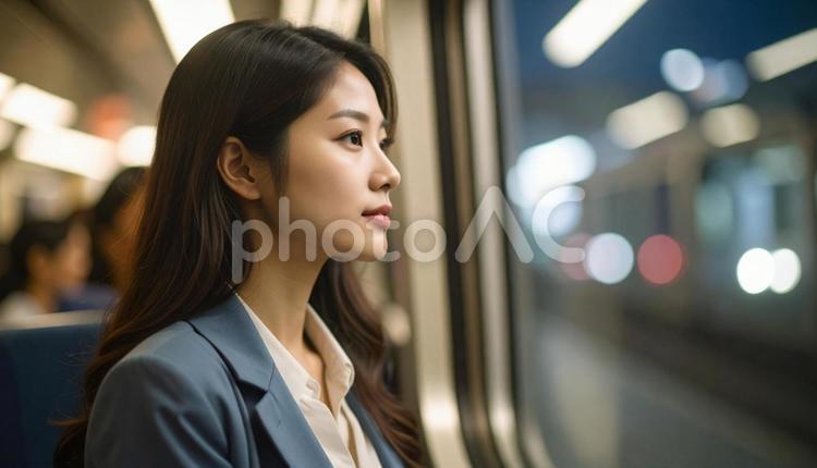 夜、電車内から外を見る日本人女性 車窓,電車,女性の写真素材