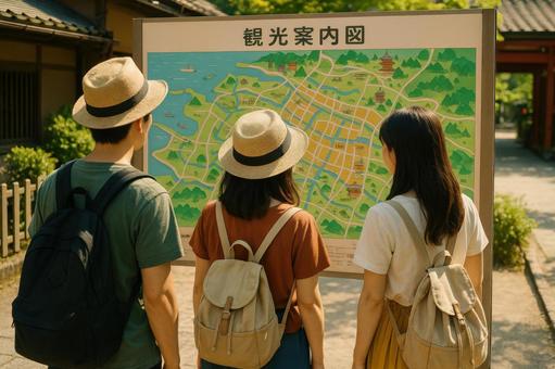 地図を見る旅行者たち 地図を見る旅行者たちの写真
