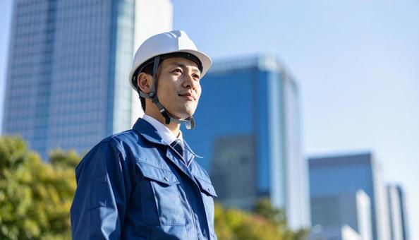 A man in work clothes looking diagonally upwards in front of a skyscraper, people, work clothes, male, JPG