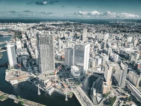 横浜ランドマークタワーから東南側 色加工 横浜ランドマークタワーから東南側 色加工 横浜ランドマークタワー,山下公園,横浜市庁舎ビルの写真素材