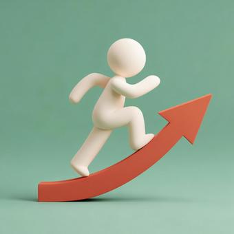 上昇する赤い矢印の上を走る人型アイコン 上昇する赤い矢印の上を走る人型アイコンの写真