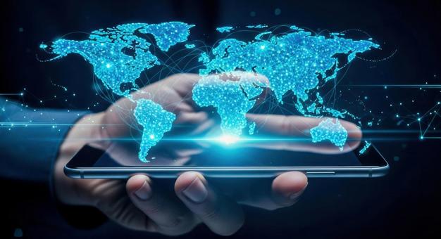 スマートフォンに映るデジタル世界地図 スマートフォンに映るデジタル世界地図の写真