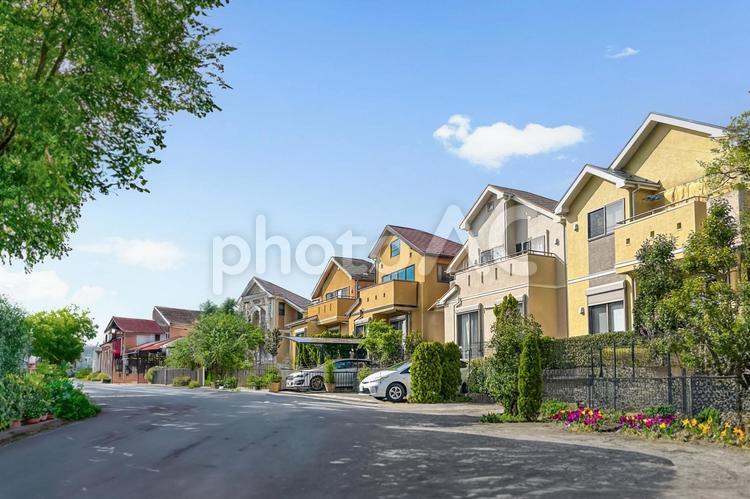 新緑の木々が美しい晴れた日の明るい住宅街 住宅地,家,住宅街の写真素材
