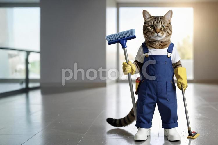 猫 清掃員 猫の手も借りたい 猫,清掃員,ハウスクリーニングの写真素材
