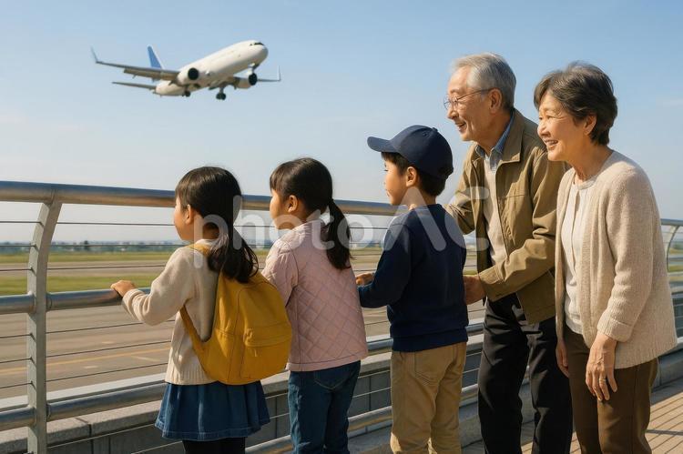 展望デッキで飛行機を待つ子ども達と祖父母 空港,展望デッキ,子どもの写真素材