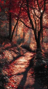 燃えるような赤の紅葉の風景 燃えるような赤の紅葉の風景の写真