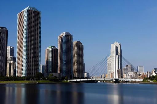 中央大橋とビル群の長時間露光 中央大橋とビル群の長時間露光 中央大橋,東京,長時間露光の写真素材