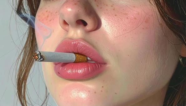 タバコを咥えた女性の口元 タバコを咥えた女性の口元の写真
