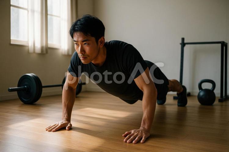 腕立て伏せをする男性 筋トレ,男性,自宅トレの写真素材