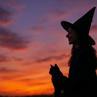 夕焼け空に浮かぶ魔女と黒猫のハロウィン 夕焼け空に浮かぶ魔女と黒猫のハロウィンの写真