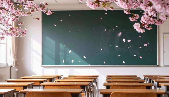 入学卒業イメージ 桜の花びらが舞う教室 入学卒業イメージ 桜の花びらが舞う教室の写真