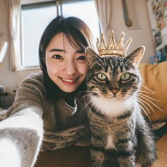 冠をかぶる推しとの自撮りの写真