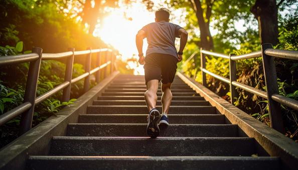 階段を駆け上がる日本人の男性ランナーの写真