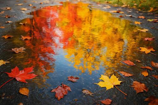 水たまりに映る紅葉 水たまりに映る紅葉の写真