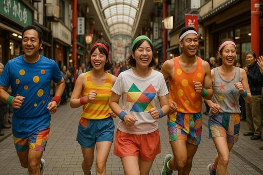商店街を走るランナー 商店街を走るランナーの写真