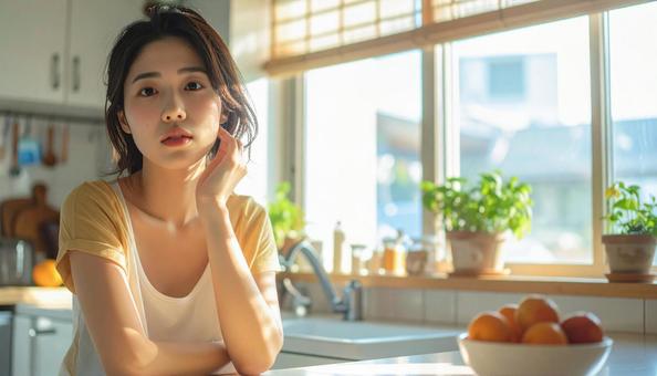疲れた表情でキッチンに座る若い女性 疲れた表情でキッチンに座る若い女性の写真