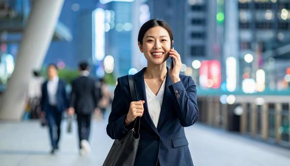 スマホで通話するビジネスウーマンの写真