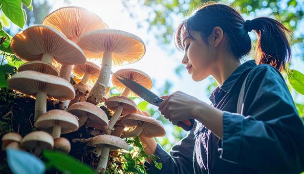 きのこ狩り キノコを収穫する女性 きのこ狩り キノコを収穫する女性の写真