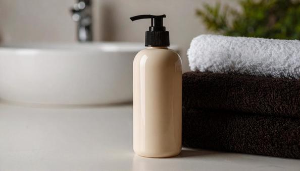 白と黒のタオルとシャンプー 白と黒のタオルとシャンプーの写真